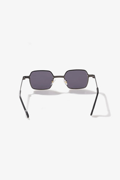 Siyah metal kare güneş gözlüğü, mor lensli, modern stil