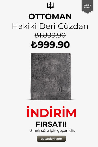 Gri hakiki deri cüzdan, klasik tasarım ve dikiş detaylı
