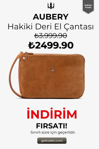 Hakiki deri kahverengi el çantası, fermuarlı, bilek askılı