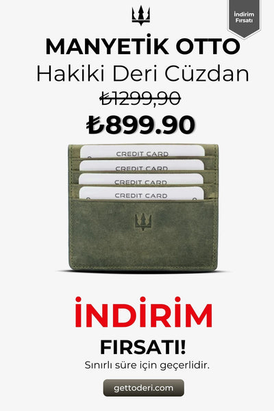 Hakiki deri kartlık, yeşil renkli, manyetik kapanışlı, kredi kartı tutucu