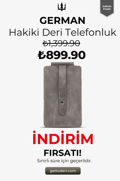 Hakiki deri telefonluk, gri renk, fermuarlı tasarım