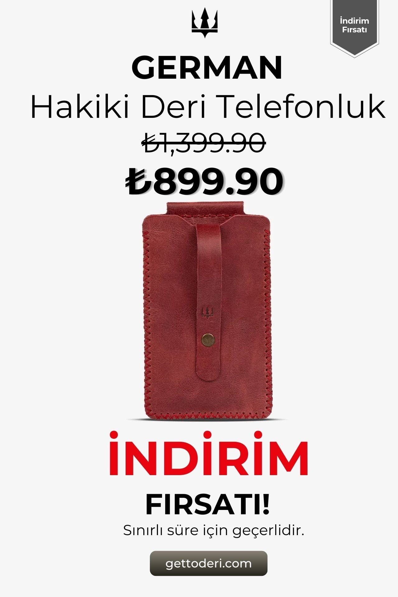 Kırmızı hakiki deri telefonluk, fermuarlı kapak ve dikiş detaylı