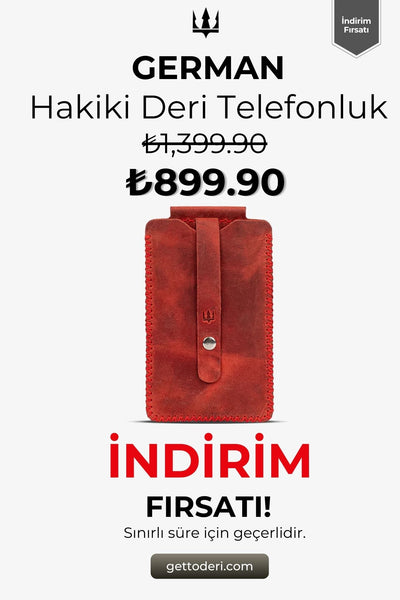 Kırmızı hakiki deri telefonluk, el yapımı detaylı, kemerli kapanışlı